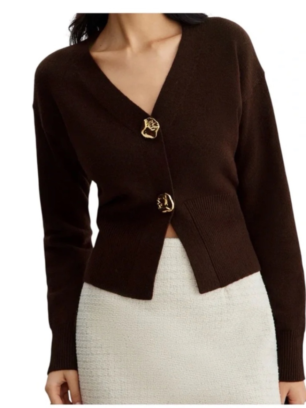 Elegant Metal Button Short Cardigan Dark Brown